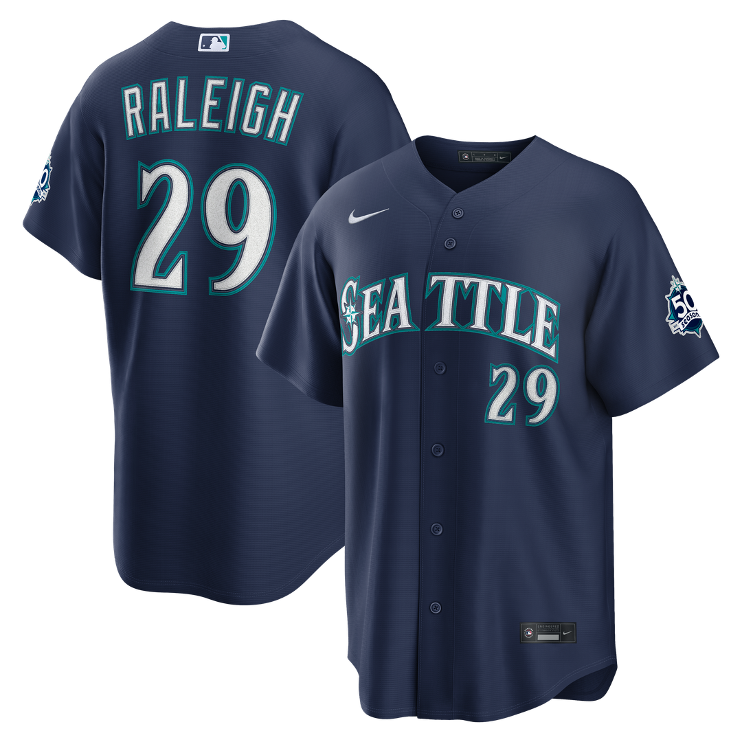 Cal Raleigh Seattle Mariners Nike Road Stadium 50th Season Patch Jersey - Navy
